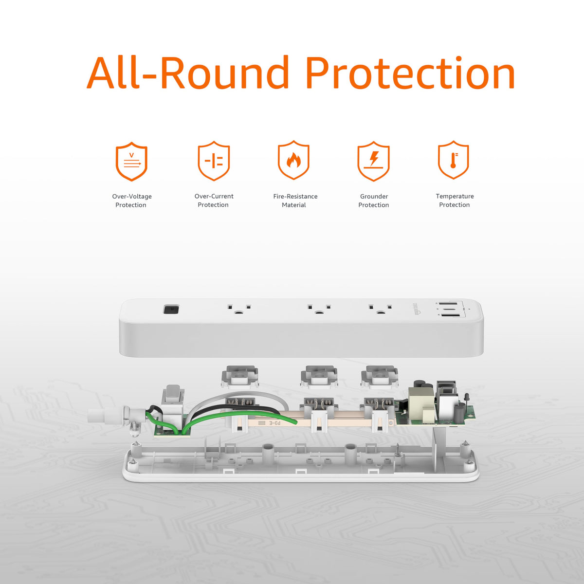 Amazon Basics power strip in a desk setup powering lamp and charging phones at once