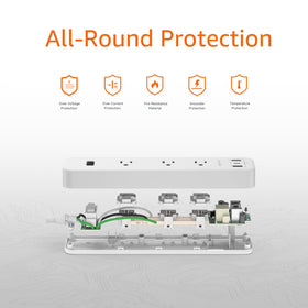 Amazon Basics power strip in a desk setup powering lamp and charging phones at once