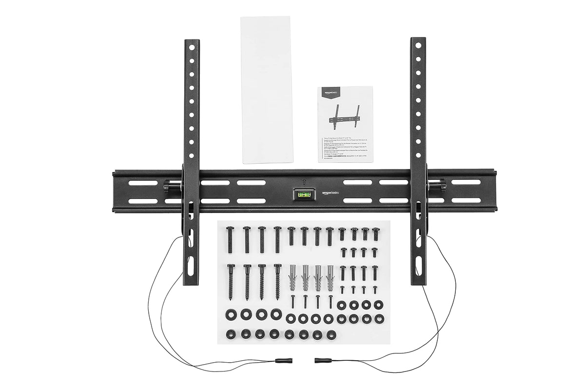 Amazon Basics installed TV in living room demonstrating clear viewing angle and space-saving wall mount benefit