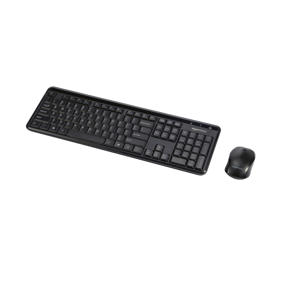 Amazon Basics keyboard front view showing compact layout and quiet keys for focused typing