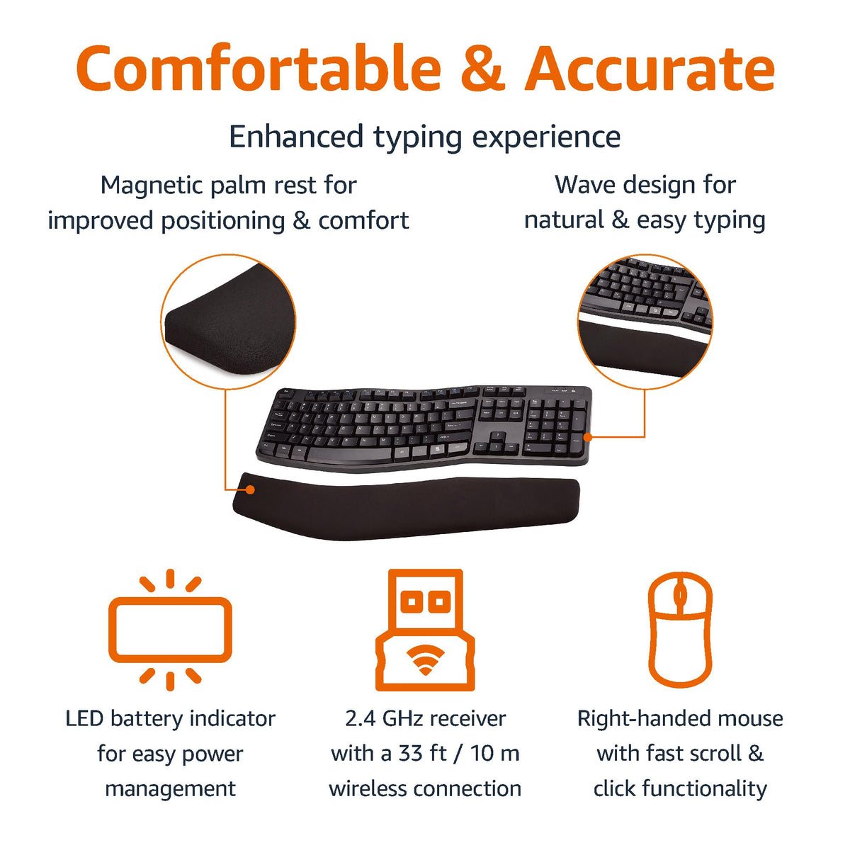 Amazon Basics keyboard with cushioned wrist rest providing wrist support and reduced strain