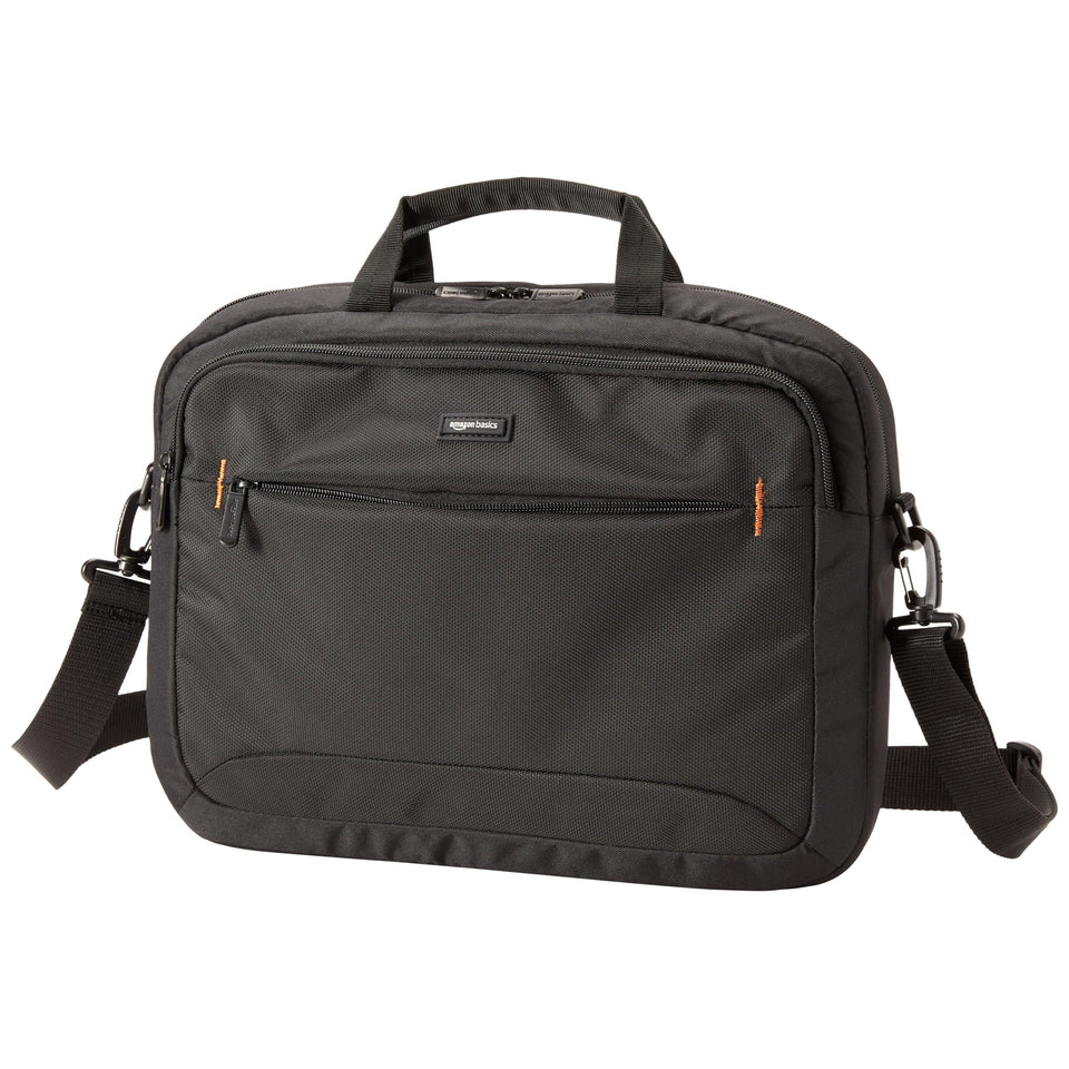 Amazon Basics laptop bag front compartment keeps cords and tickets organized for quick access.