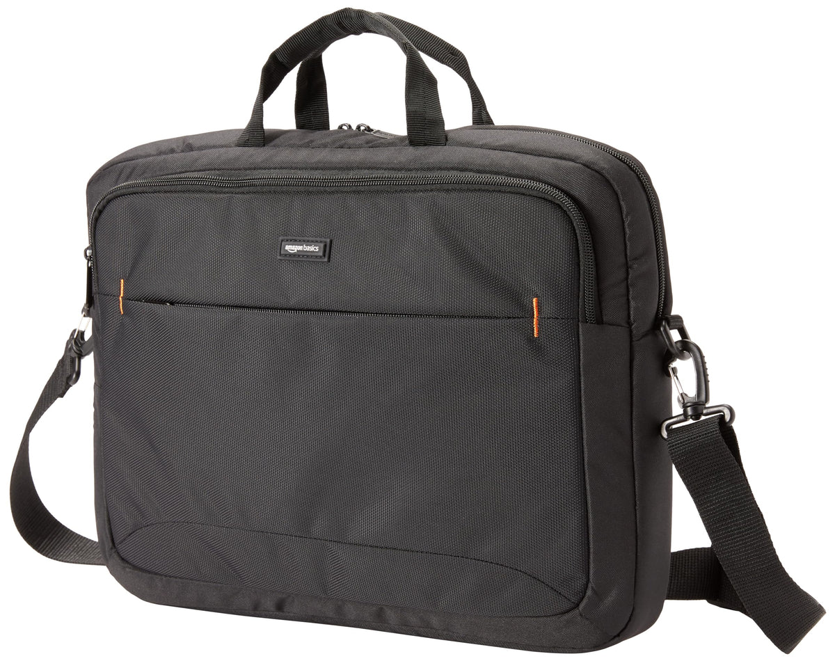 Amazon Basics laptop carrying case front compartment keeps cords and cards organized.