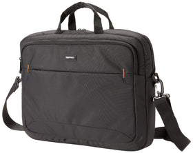 Amazon Basics laptop carrying case front compartment keeps cords and cards organized.