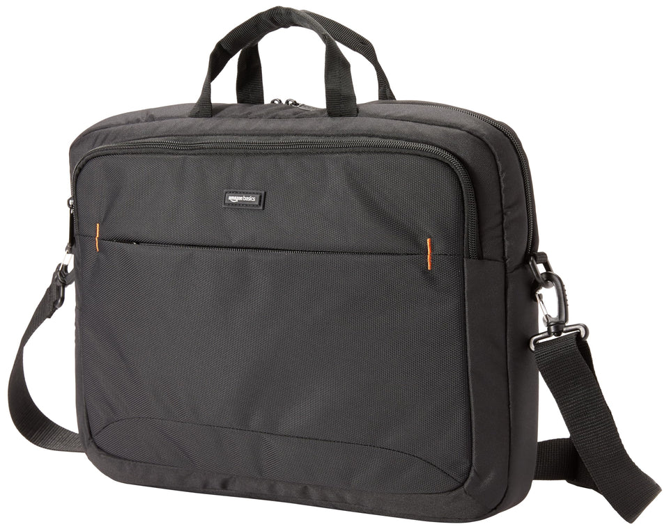 Amazon Basics laptop carrying case front compartment keeps cords and cards organized.
