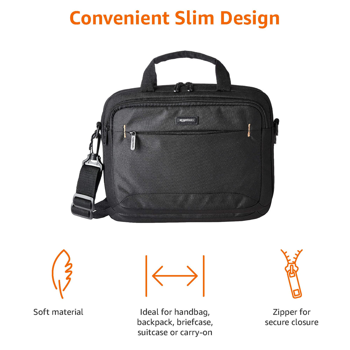 Amazon Basics laptop case large front compartment keeps cords organized.