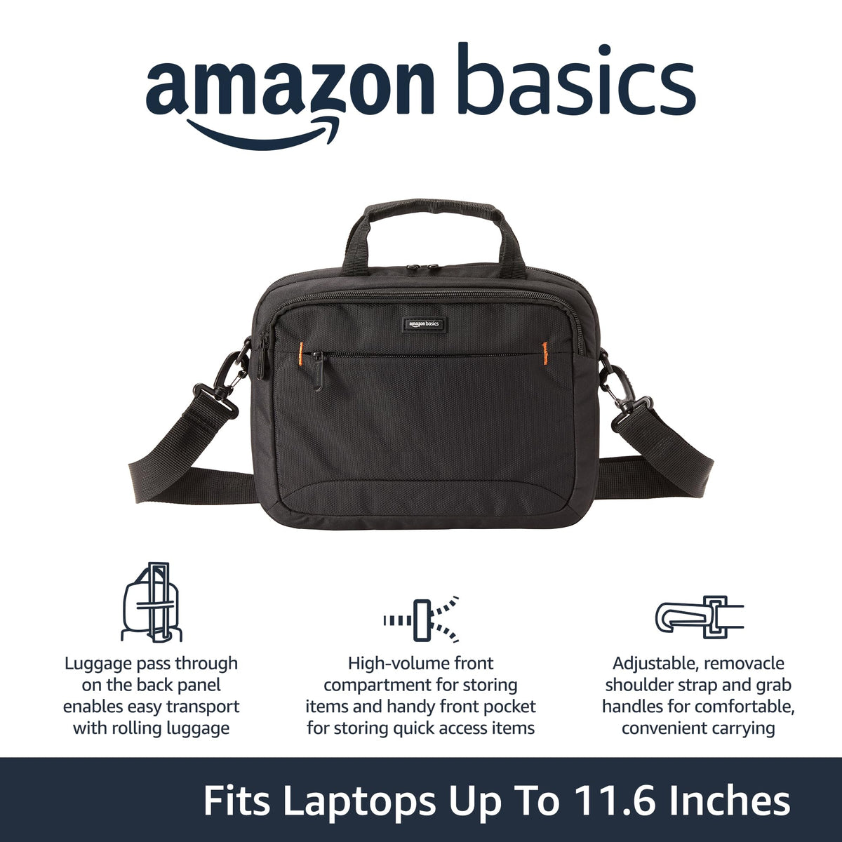 Amazon Basics laptop case back luggage pass-through for easy airport travel.