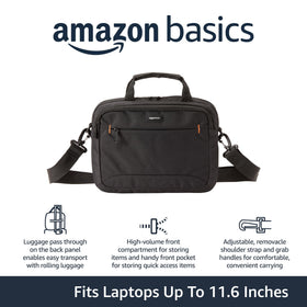 Amazon Basics laptop case back luggage pass-through for easy airport travel.