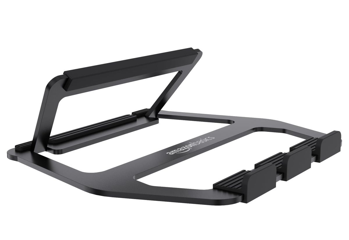 Amazon Basics laptop stand with ventilated cooling keeps devices cooler during use
