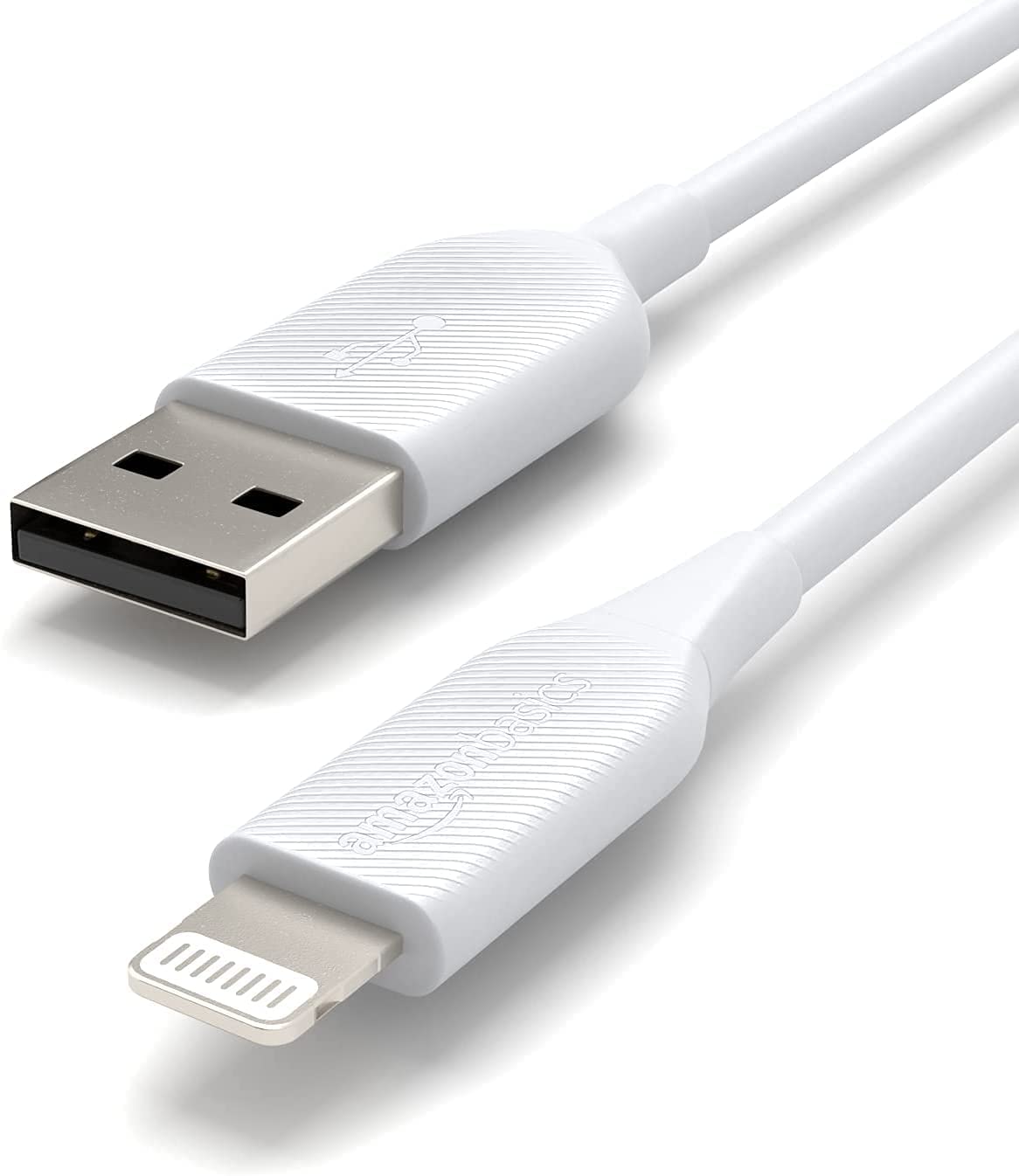 Amazon Basics Lightning cable close-up connector shows sturdy build for reliable charging