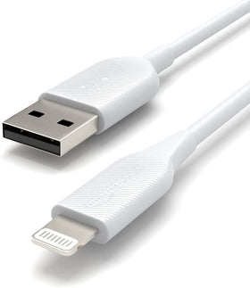 Amazon Basics Lightning cable close-up connector shows sturdy build for reliable charging