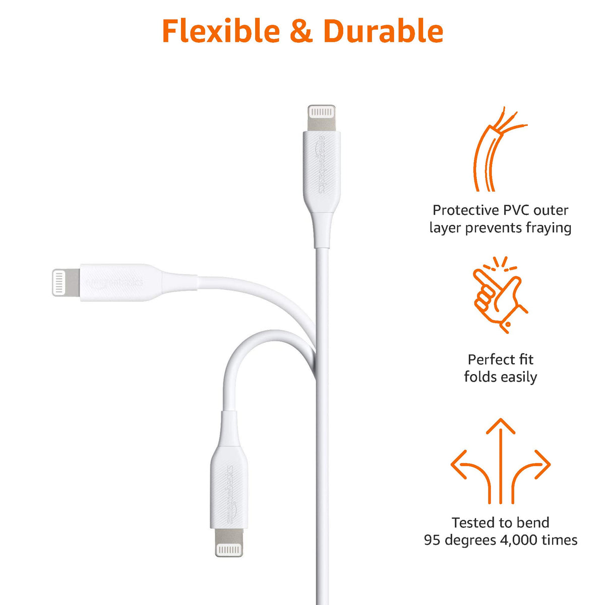 Amazon Basics Lightning cable in use with iPhone for fast charging and syncing