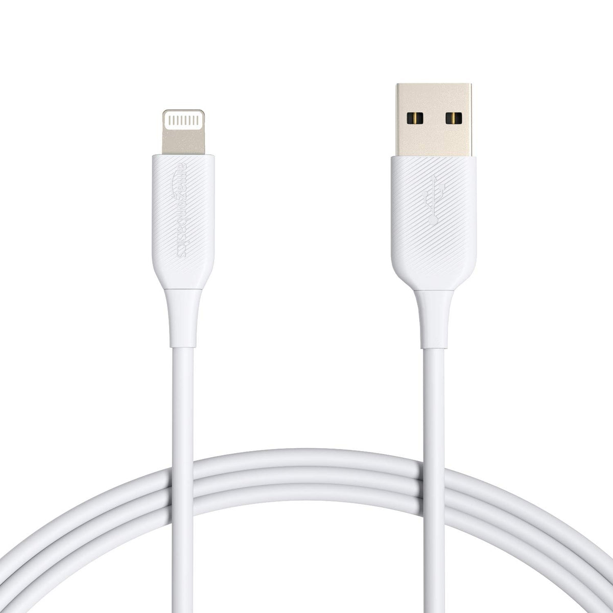 Amazon Basics two-pack lightning cable in white, 6ft, ideal for charging and syncing.