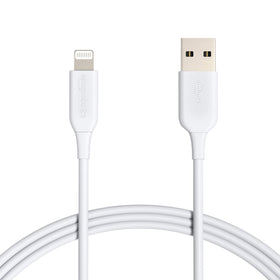 Amazon Basics two-pack lightning cable in white, 6ft, ideal for charging and syncing.