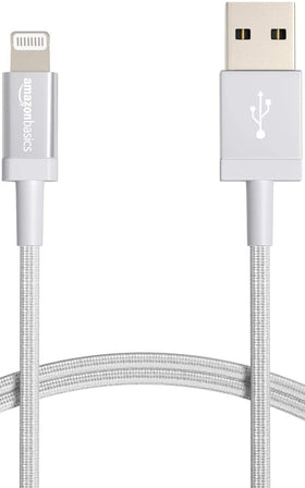 Amazon Basics Lightning to USB-A cable in silver, ready for quick charging.