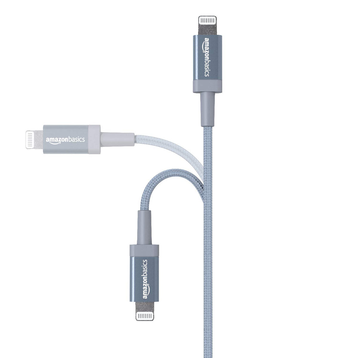 Amazon Basics MFi-certified Lightning cable in use on a desk for charging and data transfer.
