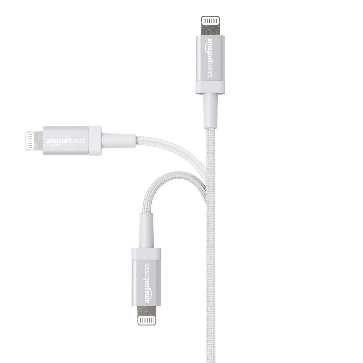 Amazon Basics MFi-certified cable ends shown, built for durability.