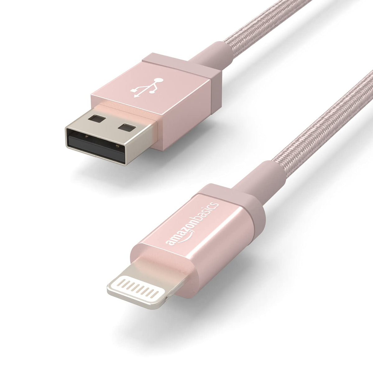 Rose gold nylon USB-A to Lightning cable close-up showing Apple-certified chip