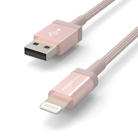 Rose gold nylon USB-A to Lightning cable close-up showing Apple-certified chip