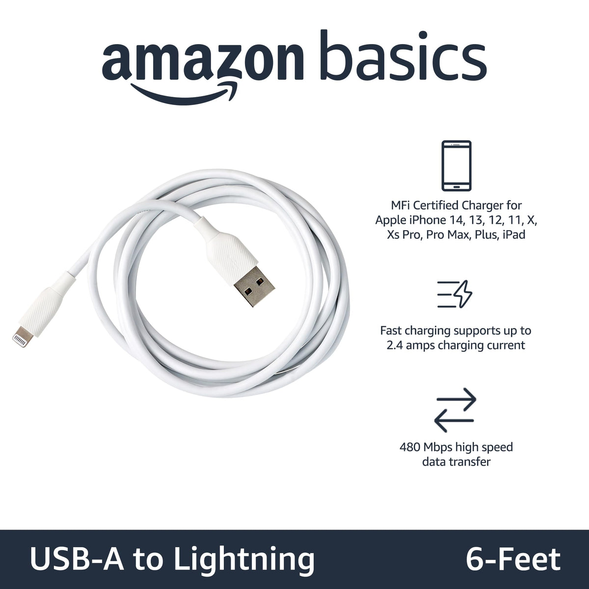 Amazon Basics MFi-certified Lightning cable close-up showing the Apple smart chip for compatibility.