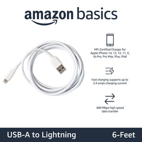 Amazon Basics MFi-certified Lightning cable close-up showing the Apple smart chip for compatibility.