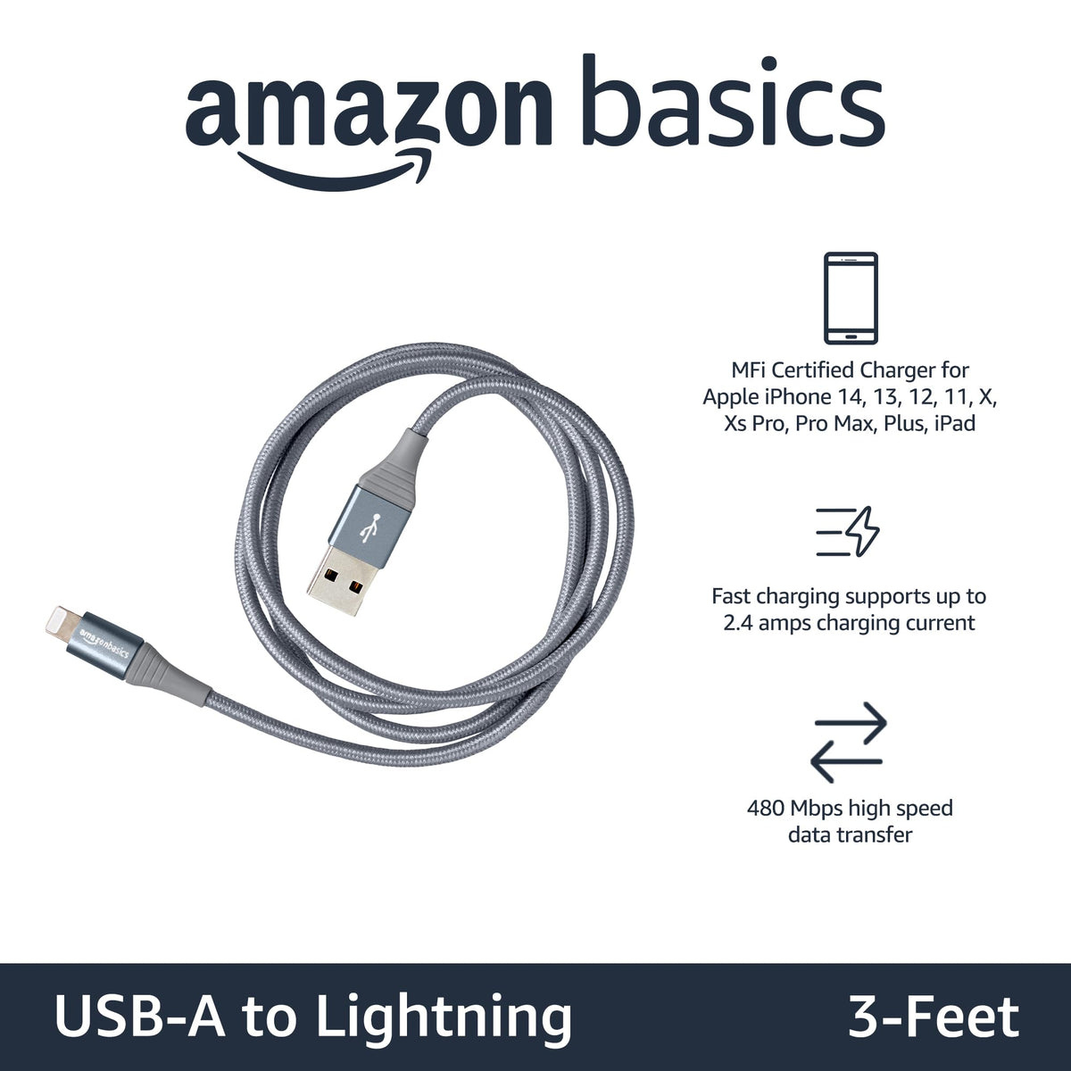 Amazon Basics MFi-certified USB-A to Lightning cable ensuring Apple device compatibility.