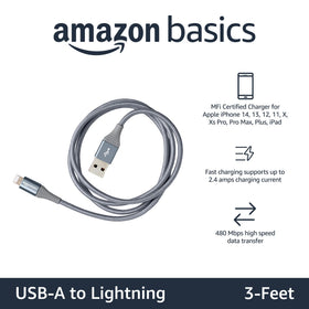 Amazon Basics MFi-certified USB-A to Lightning cable ensuring Apple device compatibility.
