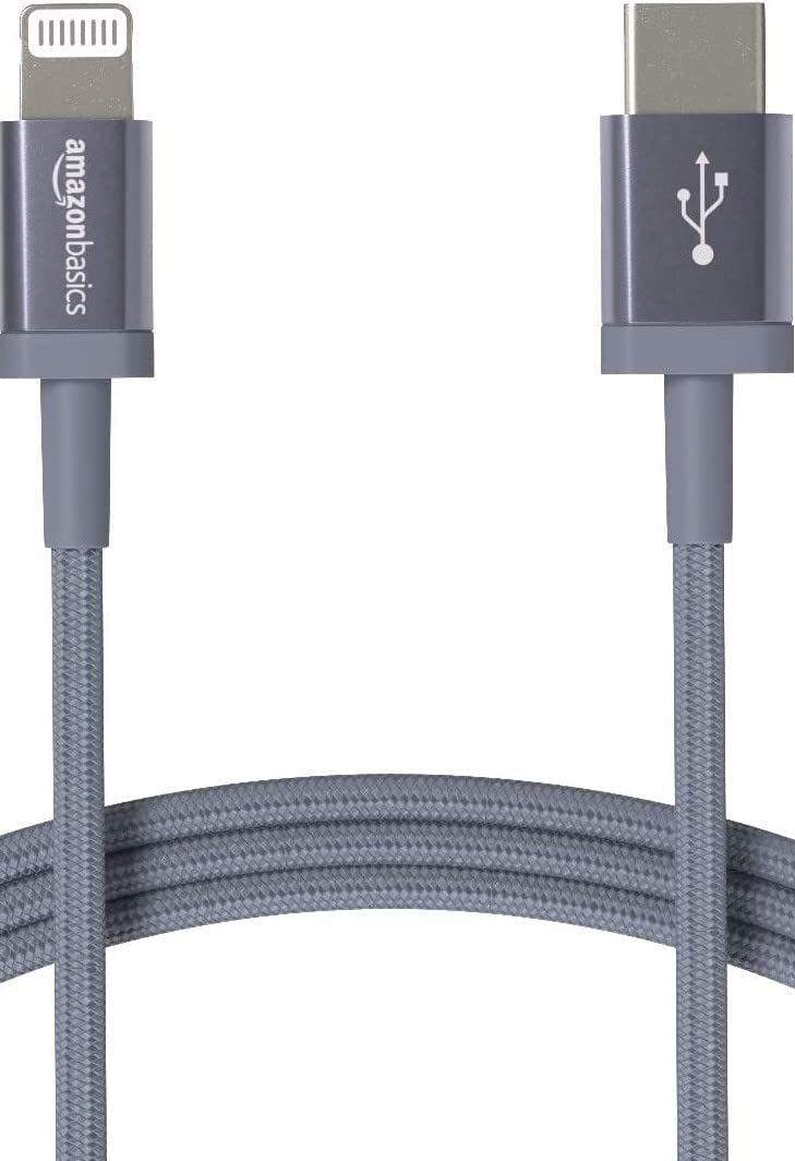 Amazon Basics MFi-certified USB-C to Lightning cable ready for iPhone charging.