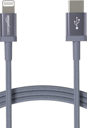 Amazon Basics MFi-certified USB-C to Lightning cable ready for iPhone charging.