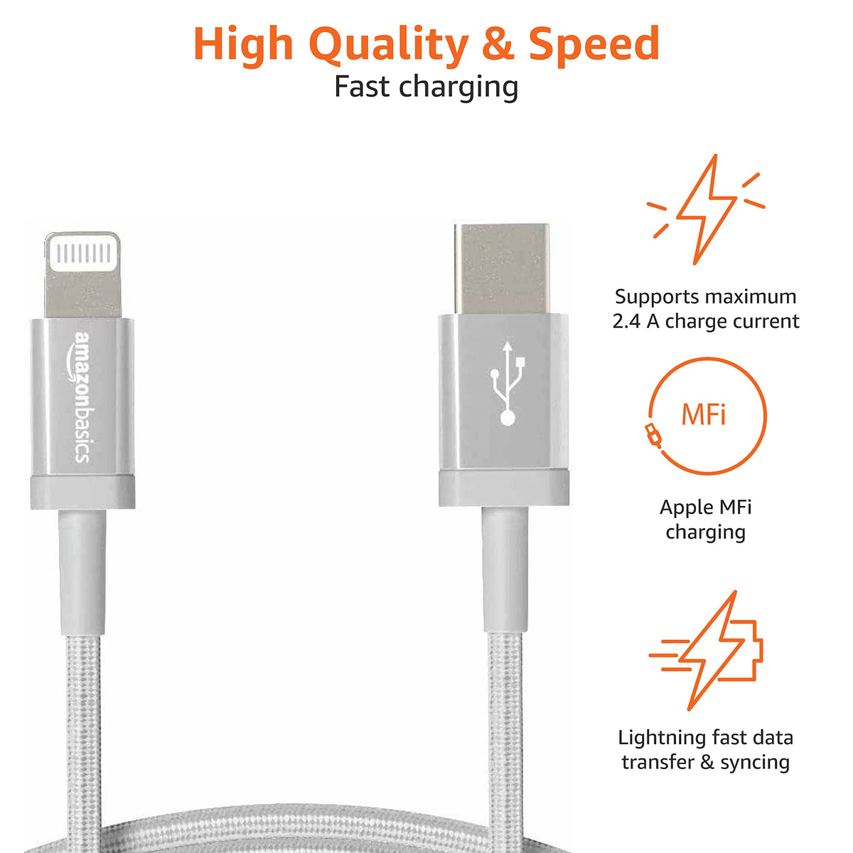 Amazon Basics MFi-certified USB-C to Lightning cable for reliable iPhone syncing