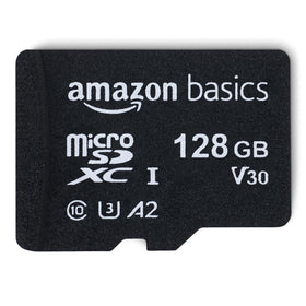 Amazon Basics microSDXC front packaging displaying capacity and speed