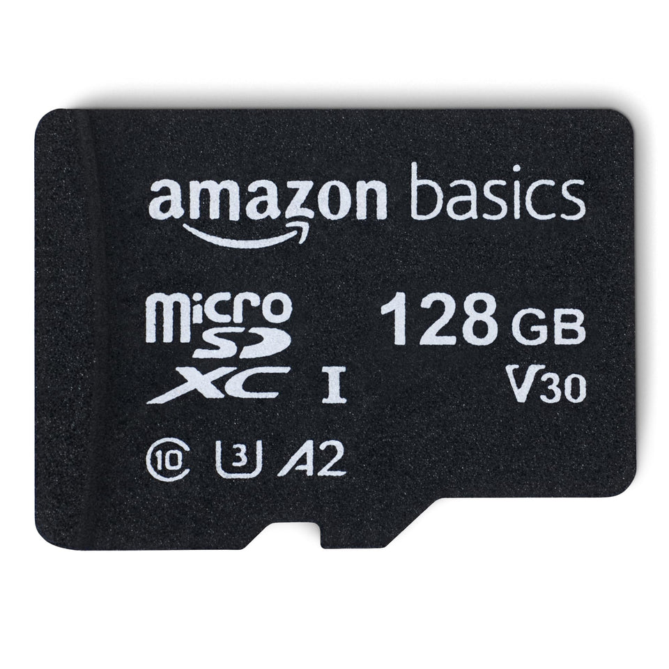 Amazon Basics microSDXC front packaging displaying capacity and speed
