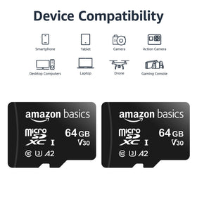 Two Amazon Basics 64GB microSDXC cards removed from packaging demonstrating ready-to-use convenience