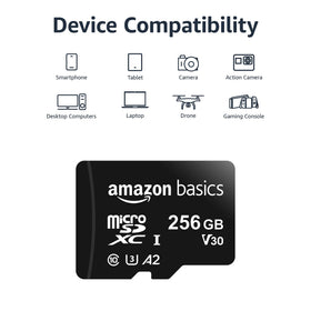 Amazon Basics microSDXC close-up of card label highlighting A2 U3 performance