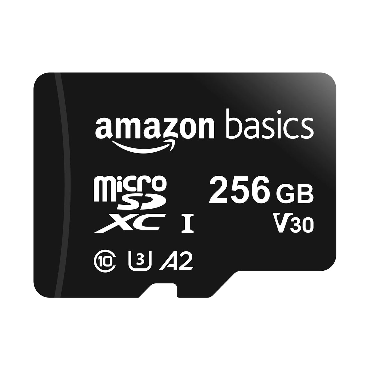 Amazon Basics microSDXC front packaging showing capacity and speed benefits