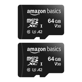 Amazon Basics microSDXC front packaging showing two 64GB cards and adapter for versatile storage