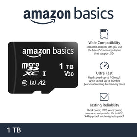 Amazon Basics microSDXC with adapter demonstrates easy transfer to laptops and tablets.