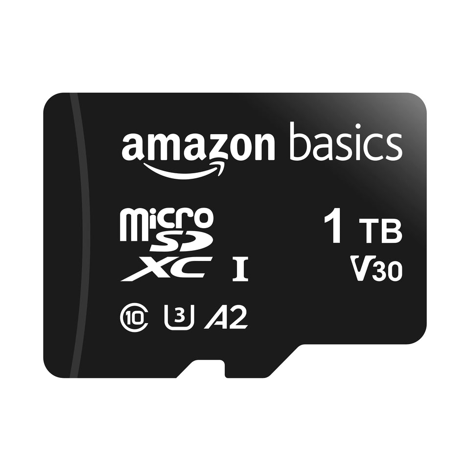 Amazon Basics microSDXC card front view showing compact design for portable storage.