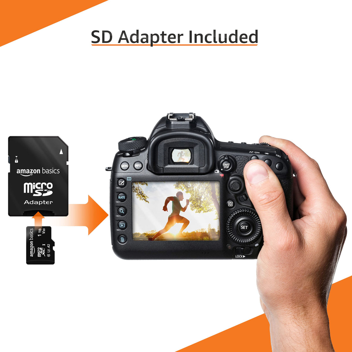 Amazon Basics microSDXC card packaging with full-size adapter visible.