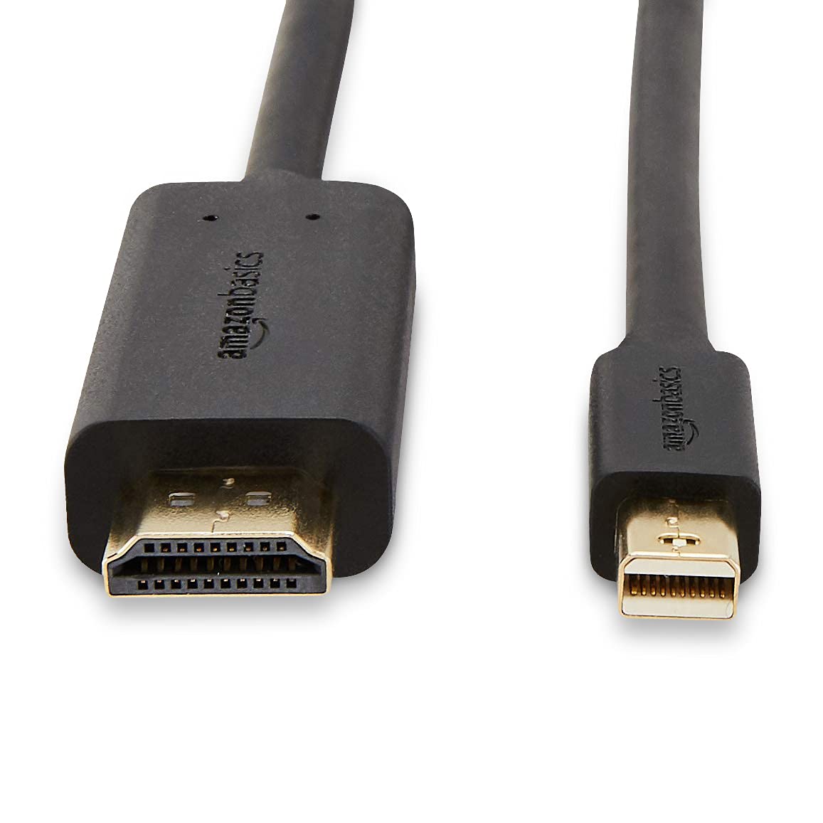 Amazon Basics Mini DisplayPort to HDMI cable with gold plated connectors for durability and reliable signal.
