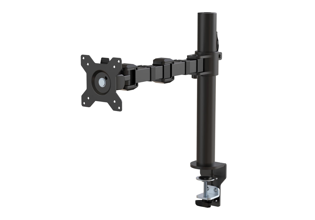 Amazon Basics front view of monitor arm showing clean desk and ergonomic benefit
