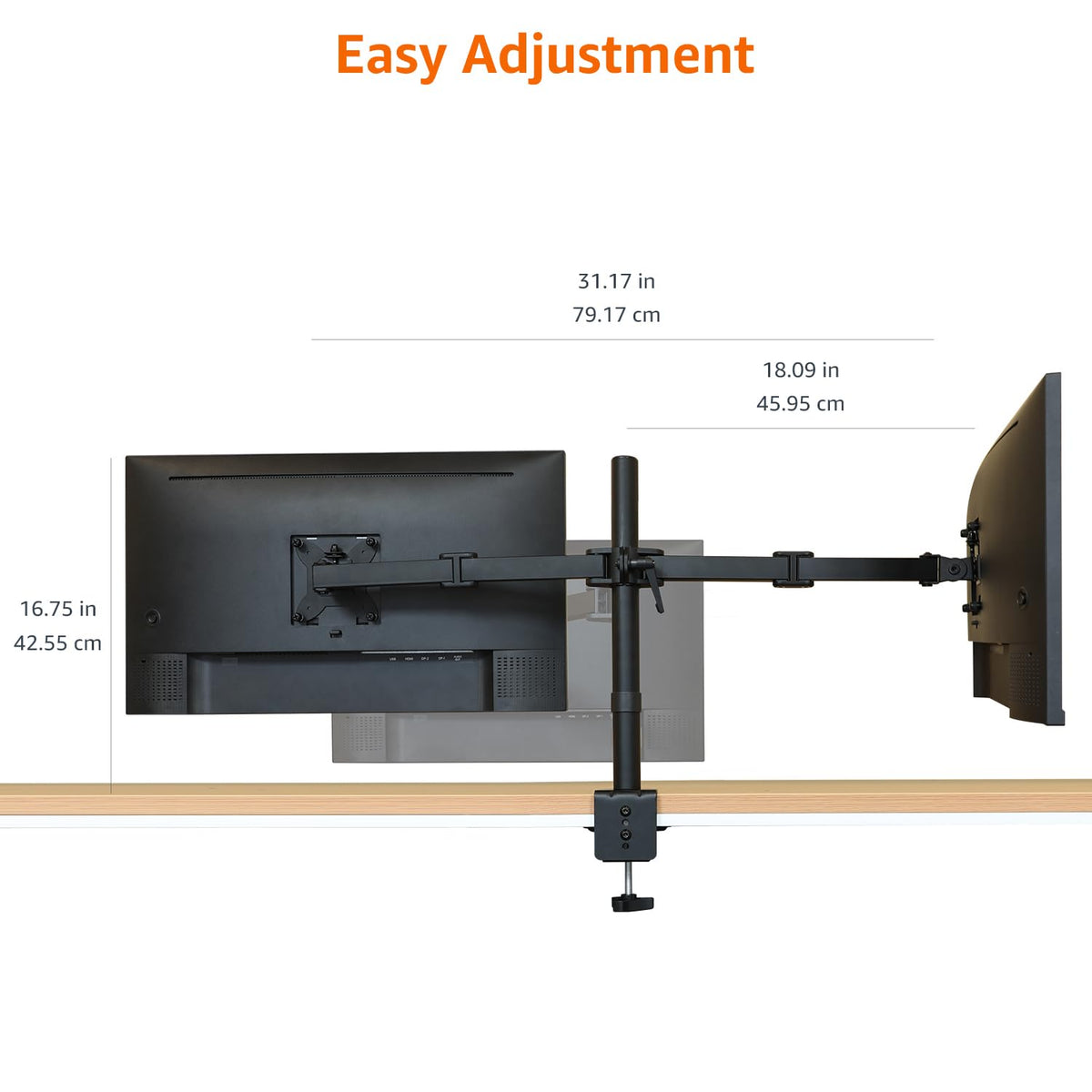 Amazon Basics arms fully extended to show reach and flexible monitor positioning