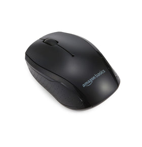 Amazon Basics mouse closeup of rubber grip and buttons for stable precise handling