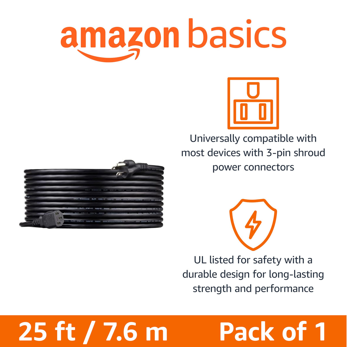Amazon Basics NEMA 5-15P to IEC320C13 connector cable for common office devices
