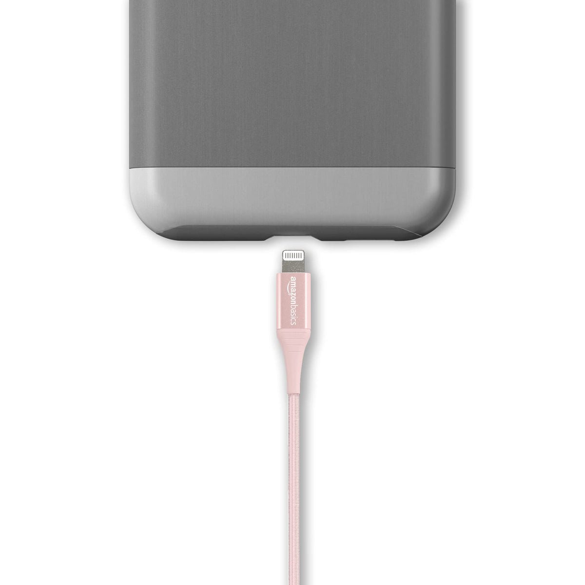Amazon Basics nylon braided cable closeup, sturdy connectors reduce wear.