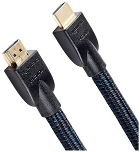 Amazon Basics nylon-braided HDMI cable close-up highlighting durable braid for long cable runs