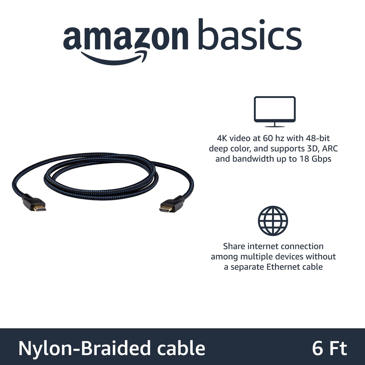Amazon Basics nylon-braided HDMI cable highlighting durable, tangle-resistant design.