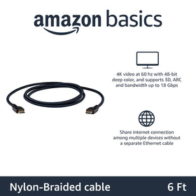 Amazon Basics nylon-braided HDMI cable highlighting durable, tangle-resistant design.