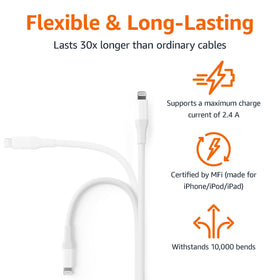 Amazon Basics nylon braided Lightning cable 10ft for durable everyday charging.