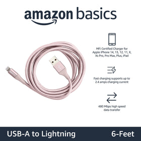 Amazon Basics nylon USB-A to Lightning cable, reinforced ends for longevity during frequent plugging.